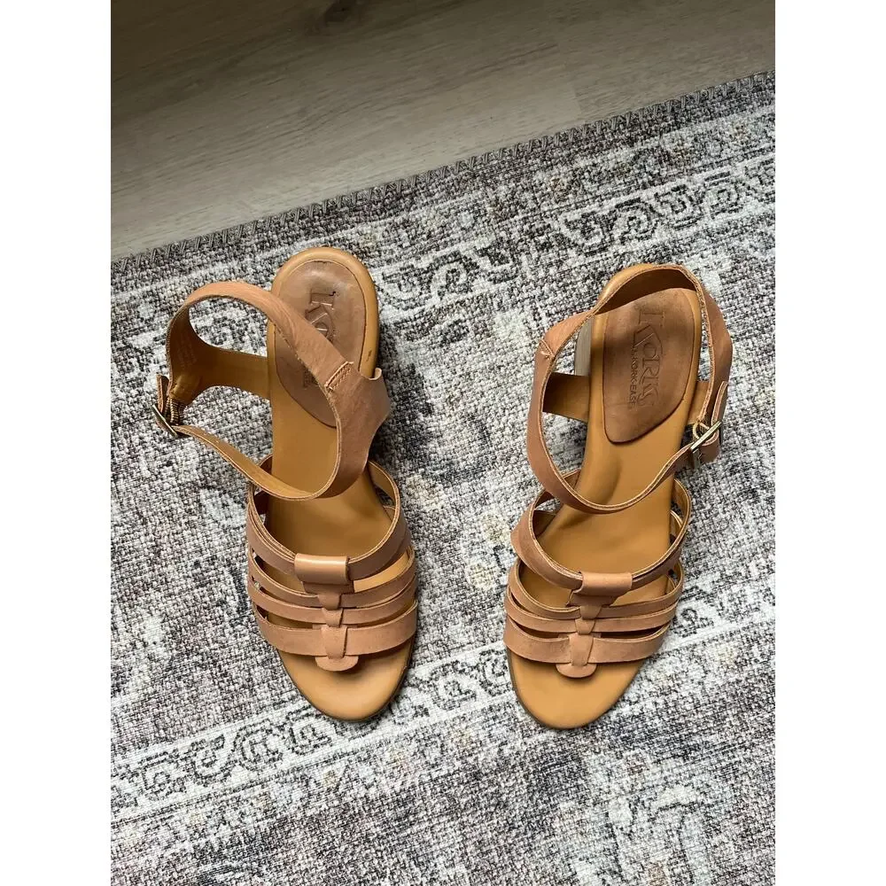Korks by Korkease Cilla Tan Leather Strappy‎ Sandals Heels 10 Boho Open Toe